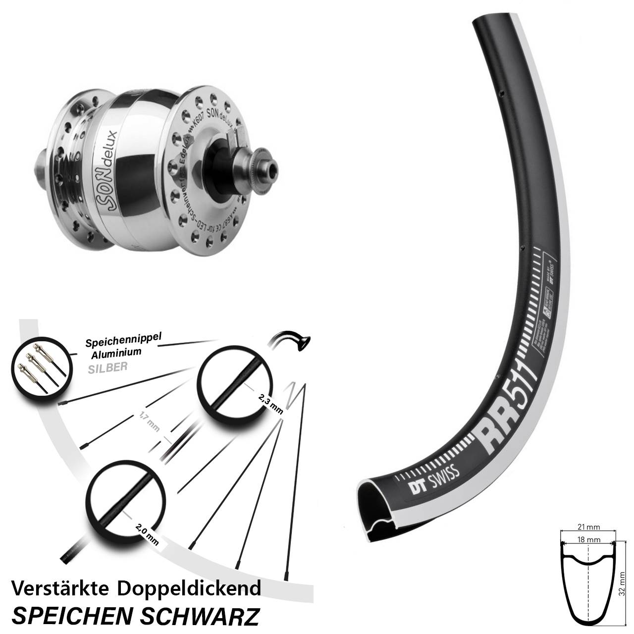 Vorderrad mit Nabendynamo für Schnellspanner 28 Zoll DT Swiss RR 511 SONdelux poliert