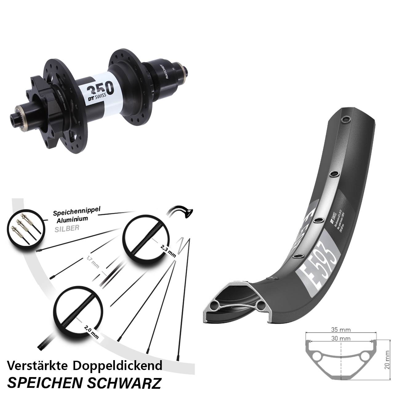 Hinterrad 6-Loch 27,5 Zoll DT Swiss E593 350 XD 11-12 fach für Schnellspanner Boost