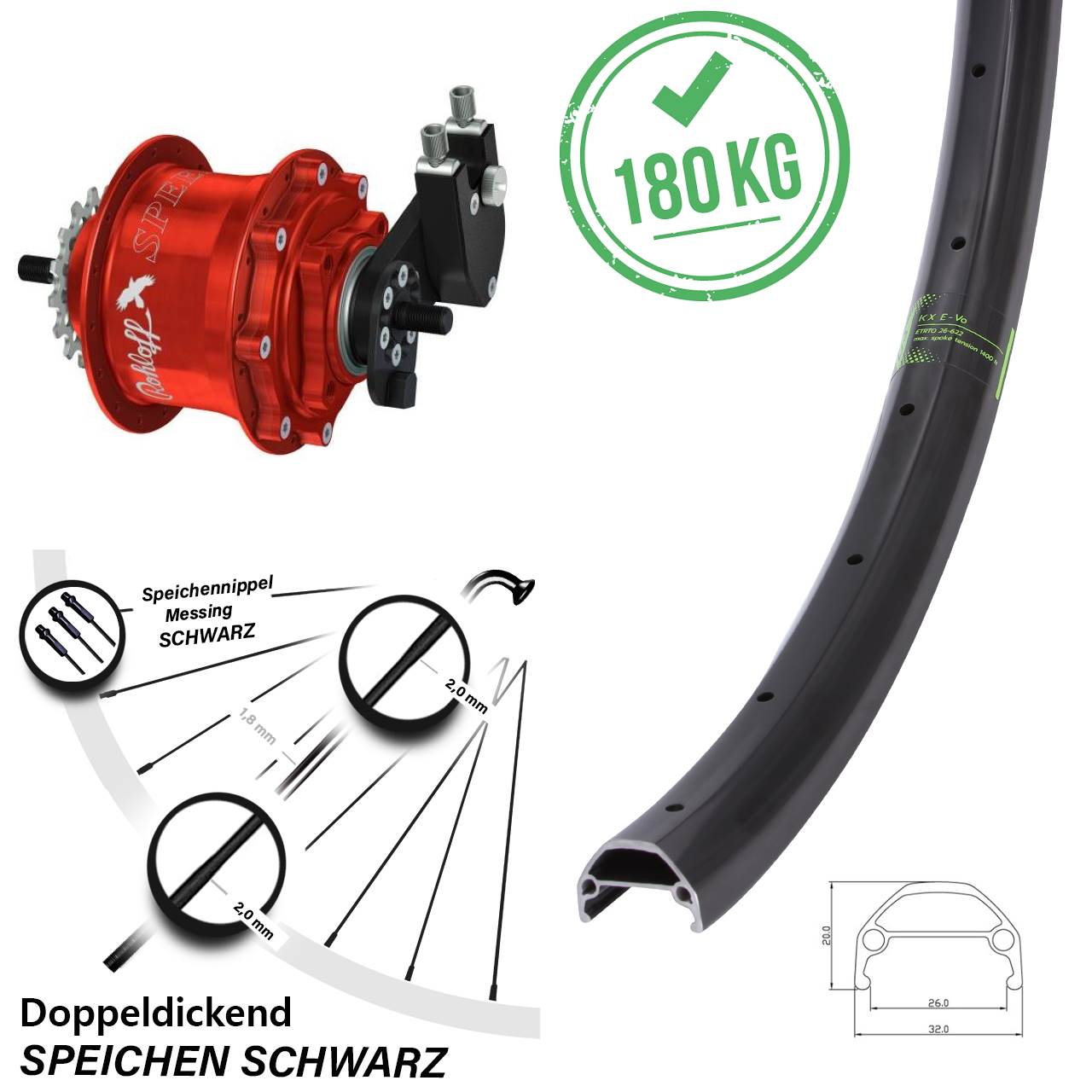 Hinterrad 26 Zoll Rohloff Speedhub 500/14 rot TS DB OEM KX Evo