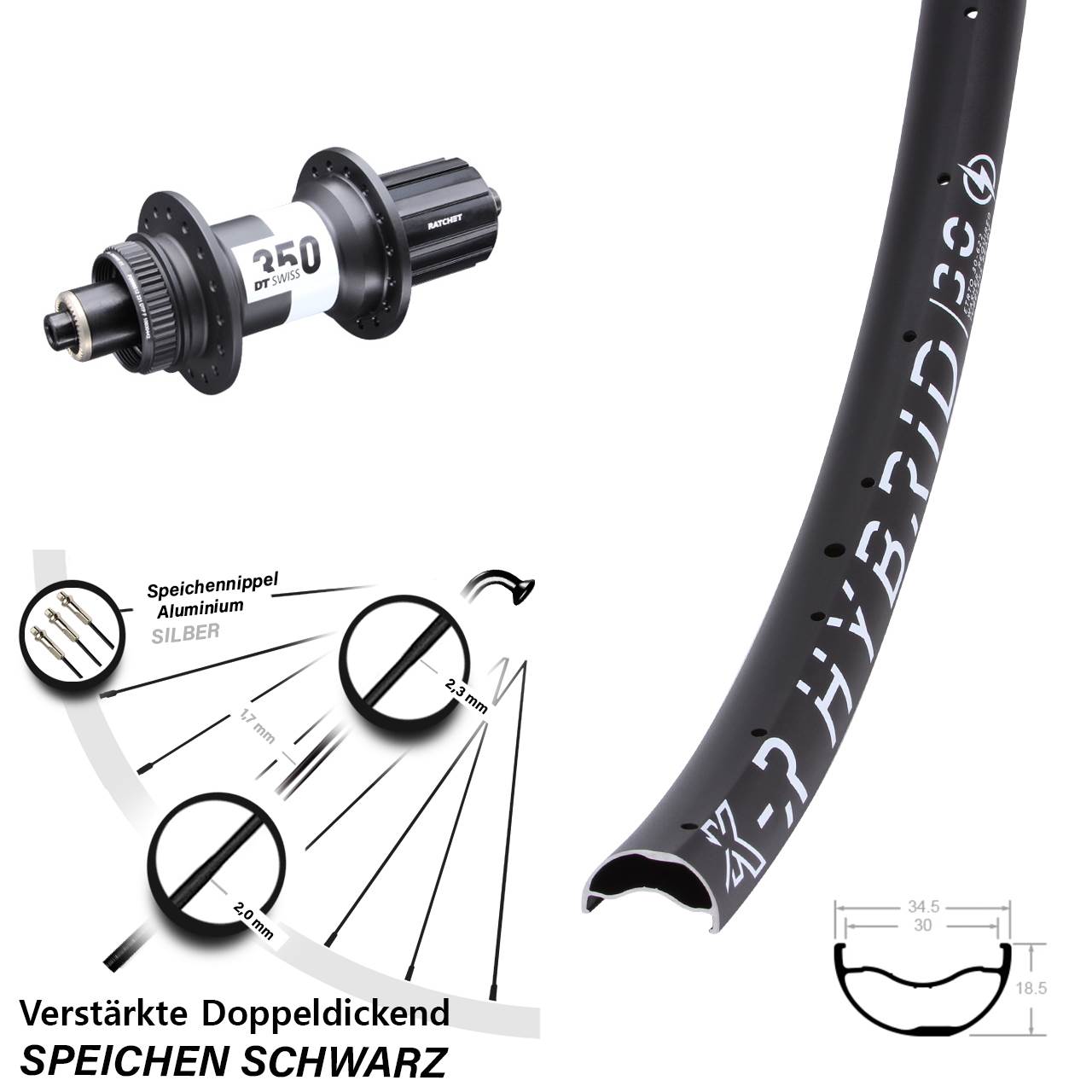 KX-R Hybrid 30 DT Swiss 350 29 Zoll Hinterrad für Schnellspanner 8-11 fach