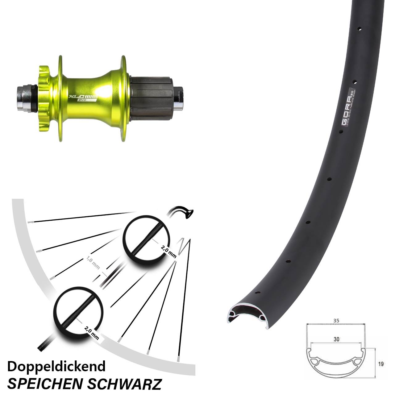 26 Zoll Hinterrad Gora 30 XLC Evo grün 6-Loch 12x142 8-11 fach HG