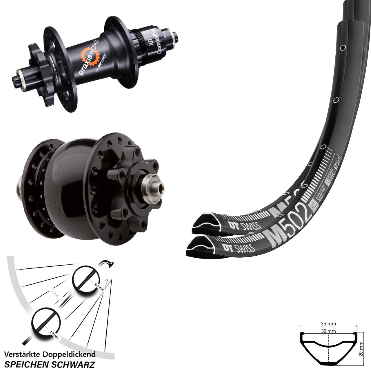 6-Loch Laufradsatz 27,5 Zoll DT Swiss M 502-350 SON 28 SRAM XD QR