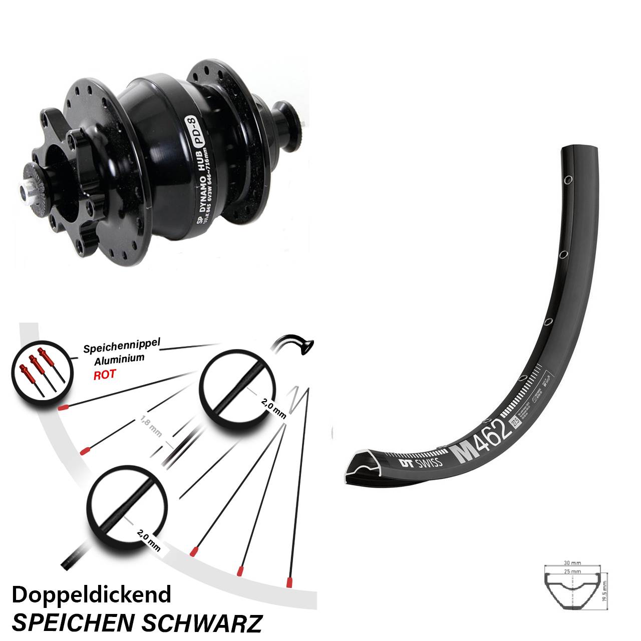27,5 Zoll DT Swiss M 462 Shutter Precision PD-8 Disc Nabendynamolaufrad für Schnellspanner