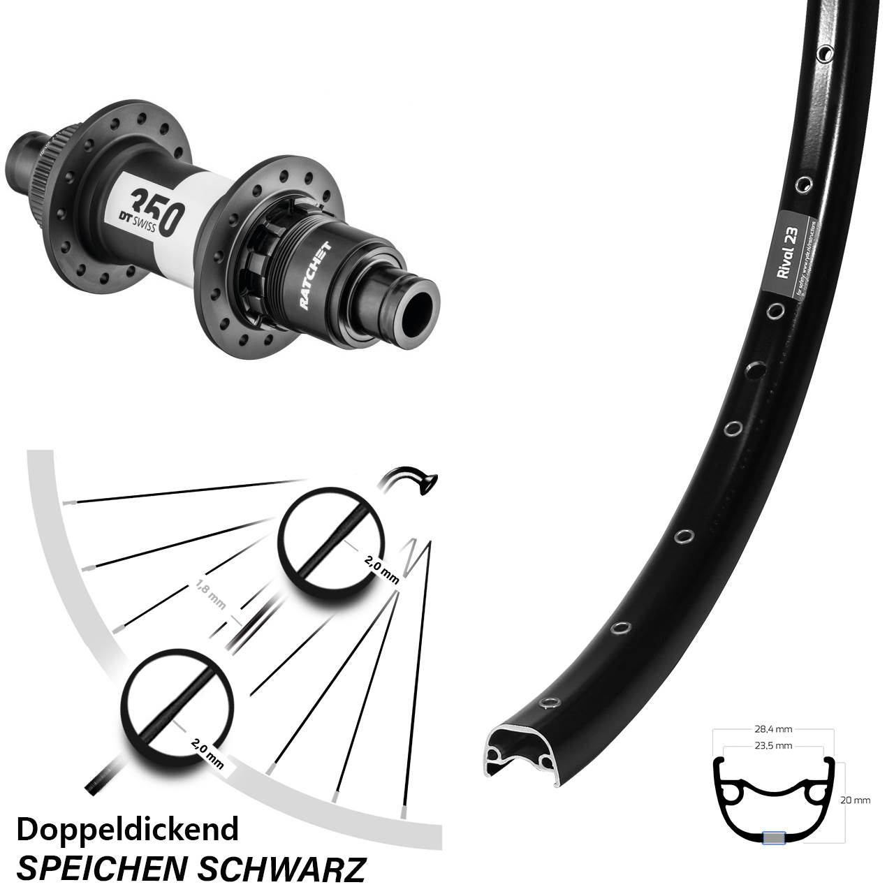 27,5 Zoll Ryde Rival 23 DT Swiss 350 Disc Laufrad 12x142 XD