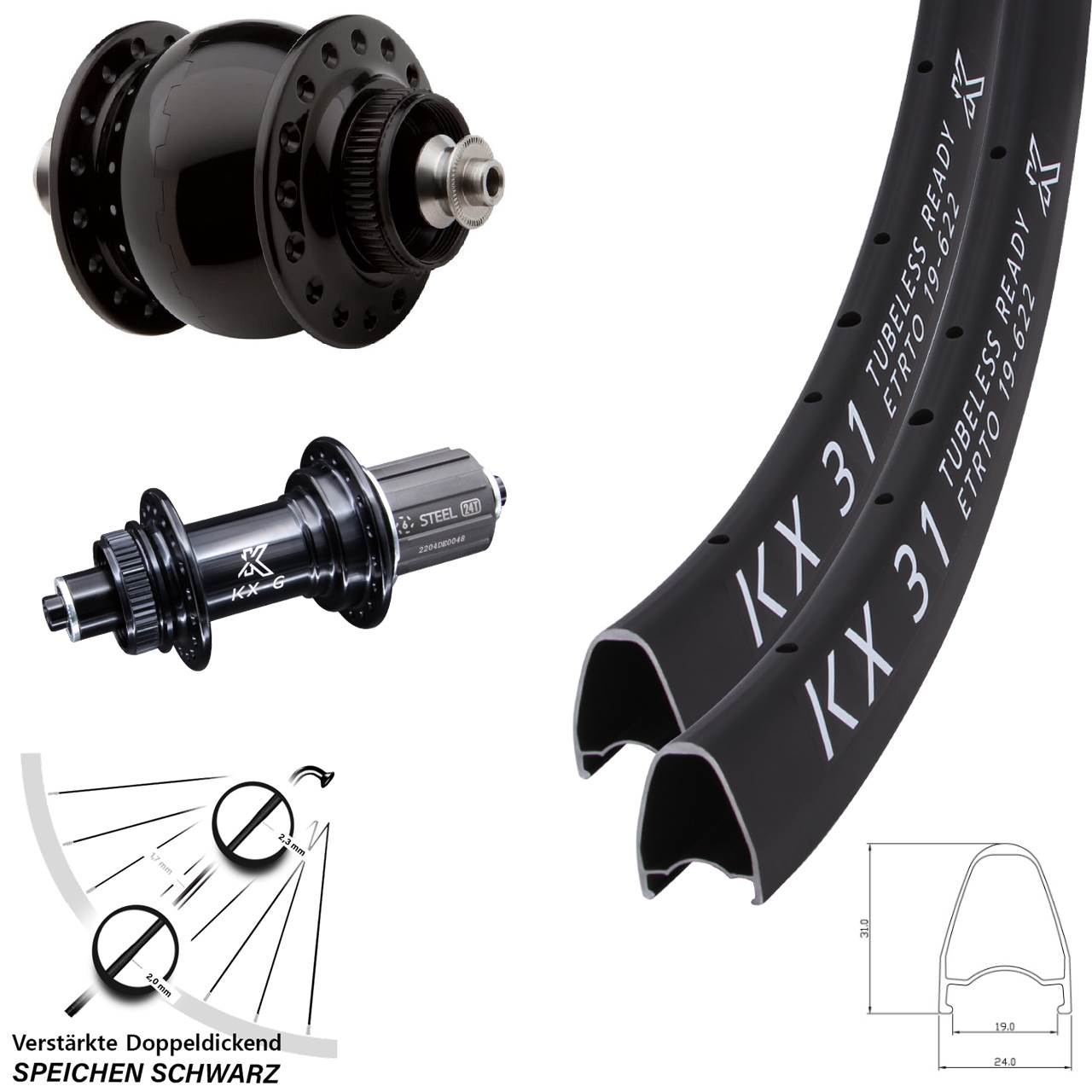 KX-GS31 verstärkt SON 28 Zoll Laufradsatz Centerlock für Schnellspanner 8-12 fach HG