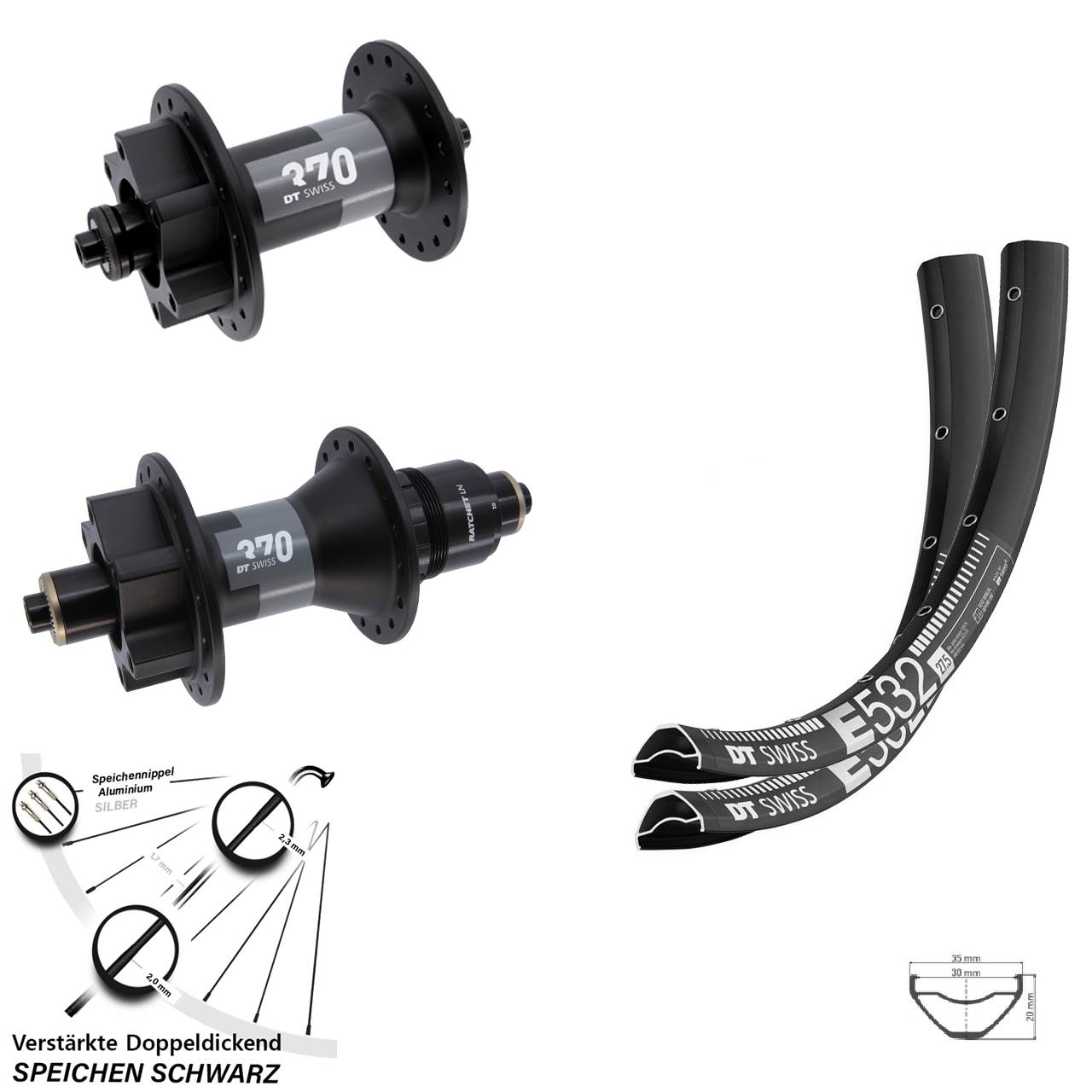 DT Swiss E 532-370 29 Zoll Disc Laufradsatz für Schnellspanner SRAM XD