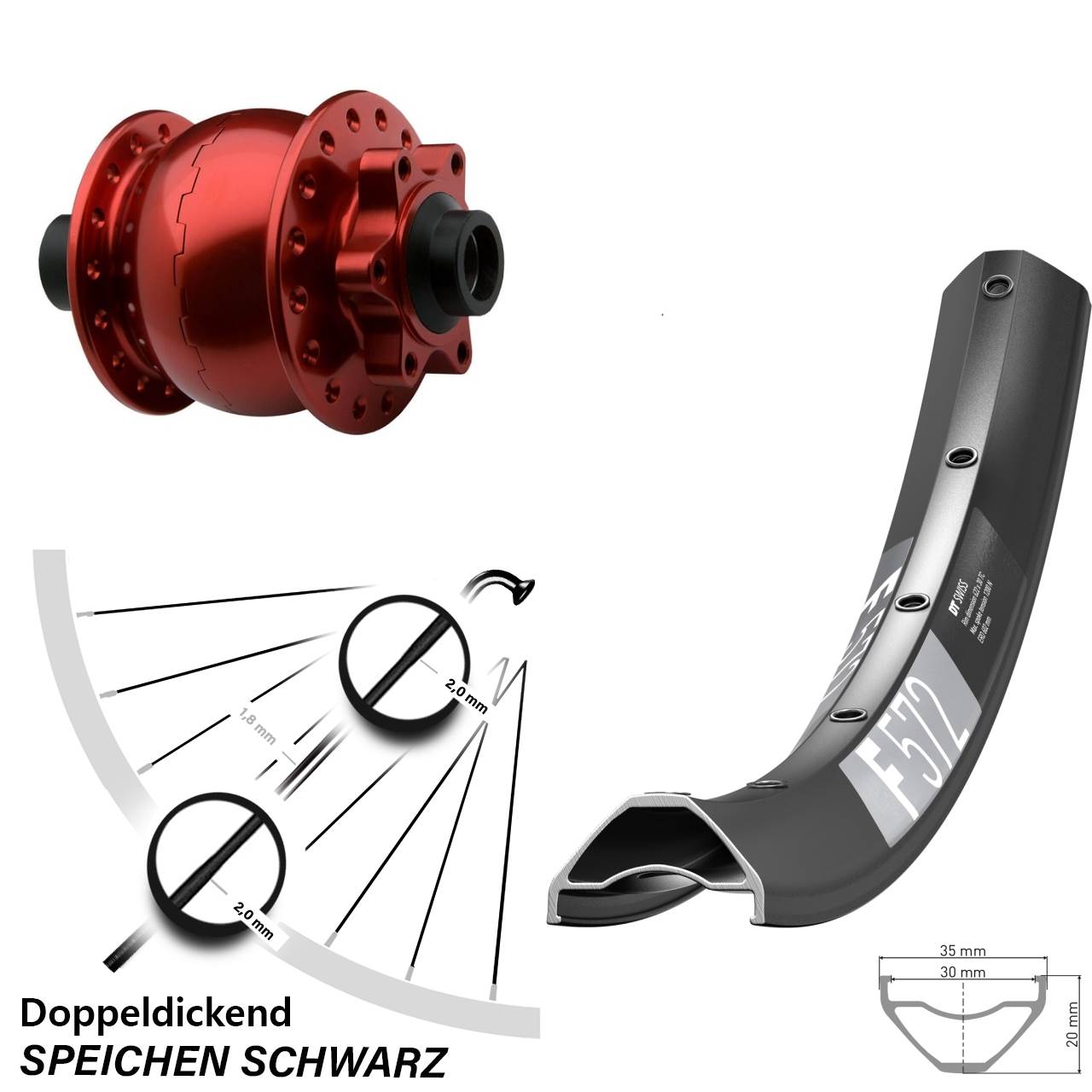 Nabendynamovorderrad 6-Loch 15x100 27,5 Zoll DT Swiss F 572 SON 28 rot