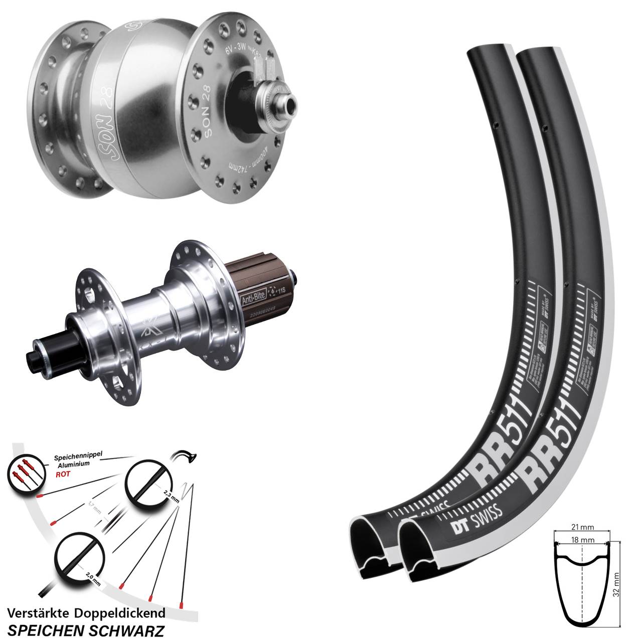 Laufradsatz 28 Zoll DT Swiss RR511 KX-T SON 8-12 fach QR
