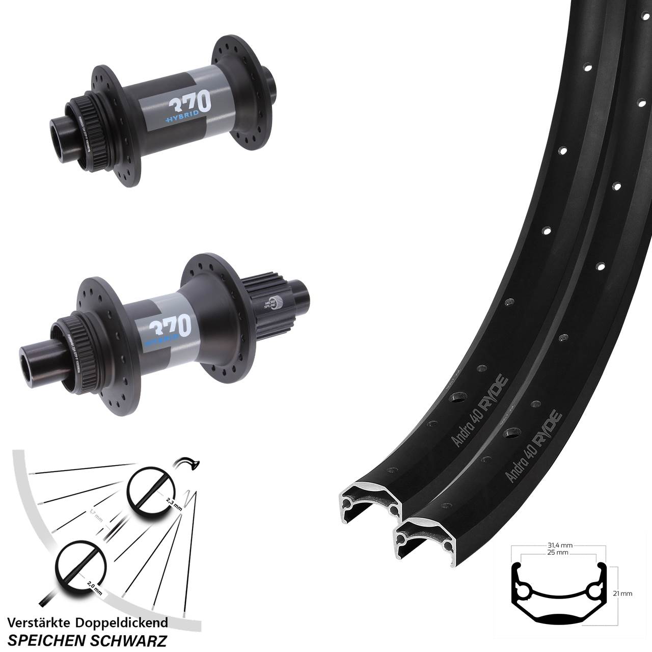 Disc Laufradsatz 650B Ryde Andra 40 DT Swiss 370 Hybrid Shimano Micro Spline 15x110 12x148