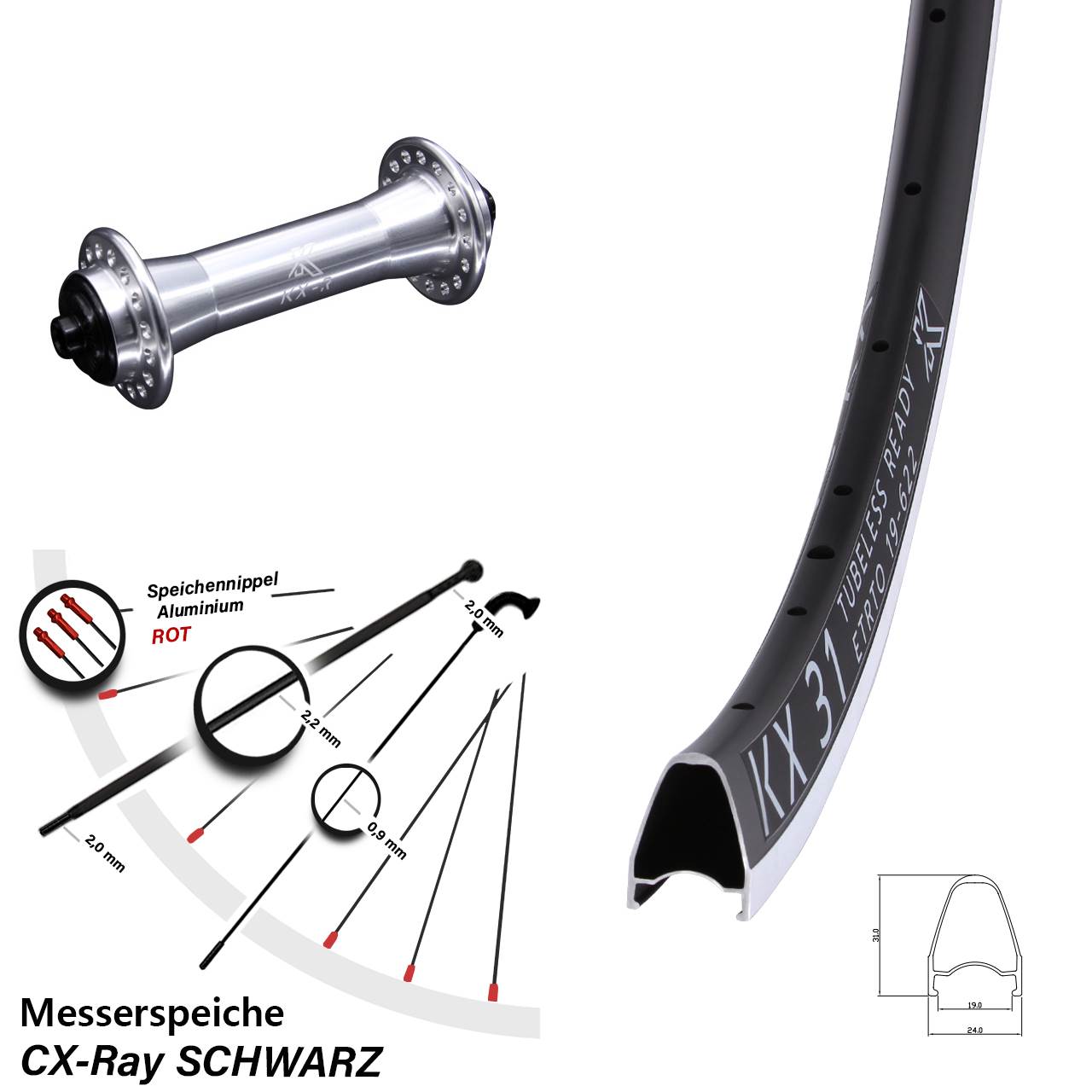 28 Zoll Vorderrad Rennrad KX-R 31 Messerspeiche Sapim CX-Ray 5x100 silber