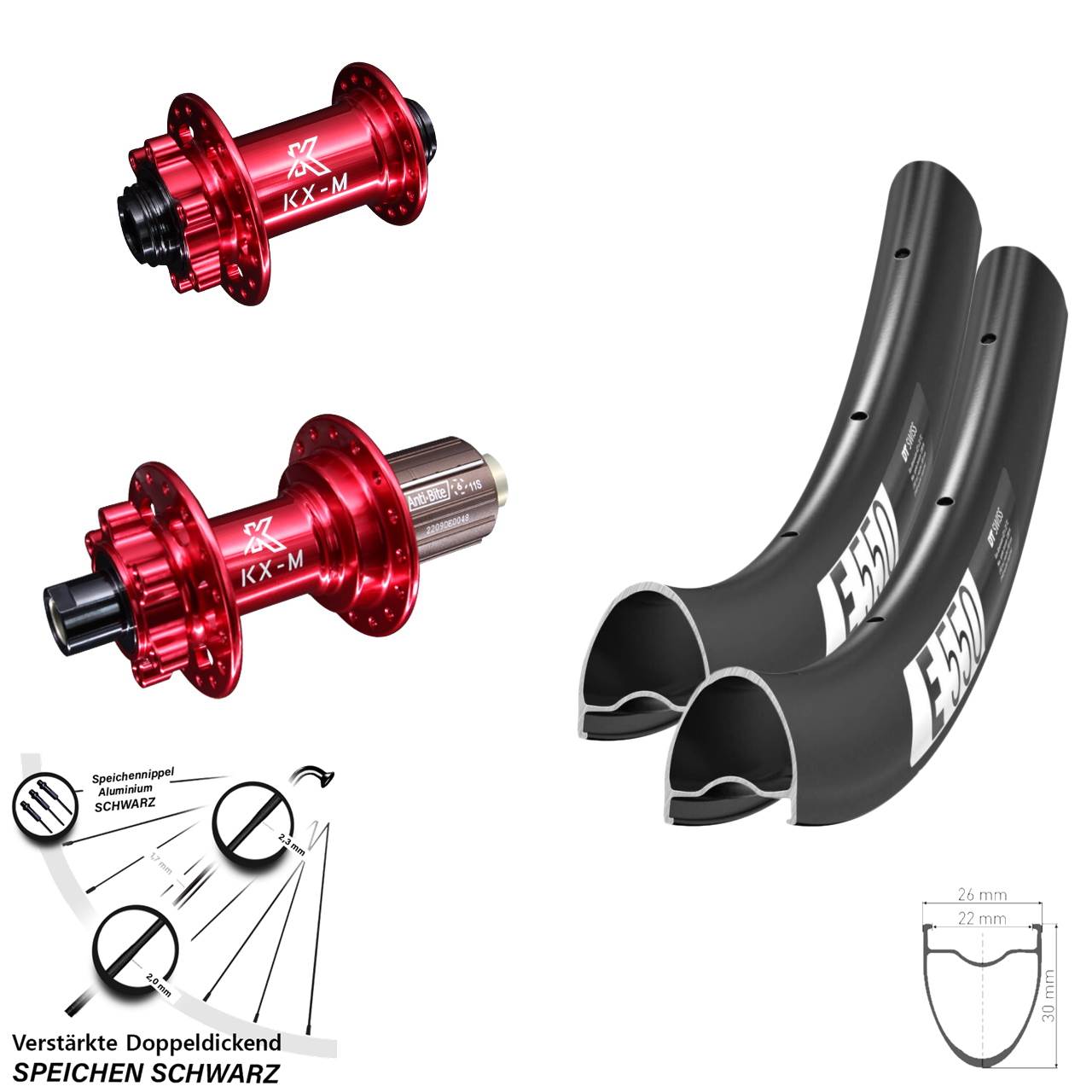 DT Swiss E550 KX-M rot 28 Zoll Laufradsatz 6-Loch 12x100/142 8-12 fach
