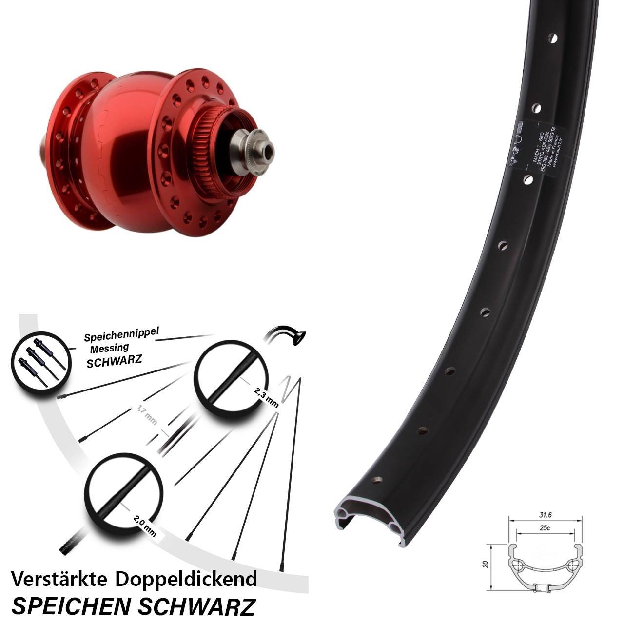 Disc Vorderrad mit Nabendynamo für Schnellspanner 20 Zoll Mach1 Kargo SON 28 rot