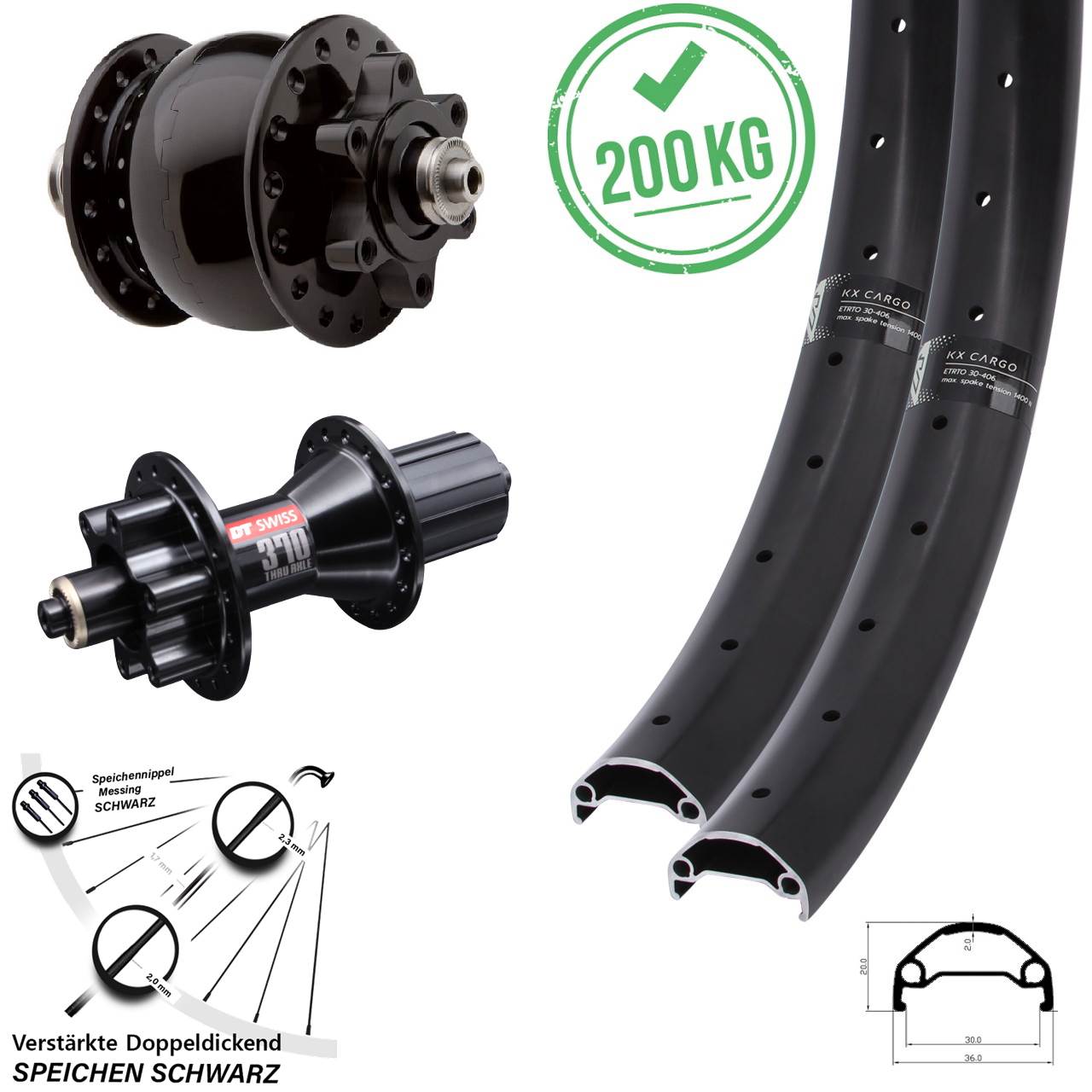 Disc Laufradsatz QR 20/26 Zoll KX Cargo DT Swiss 370 Hybrid SON 28 8-11 fach