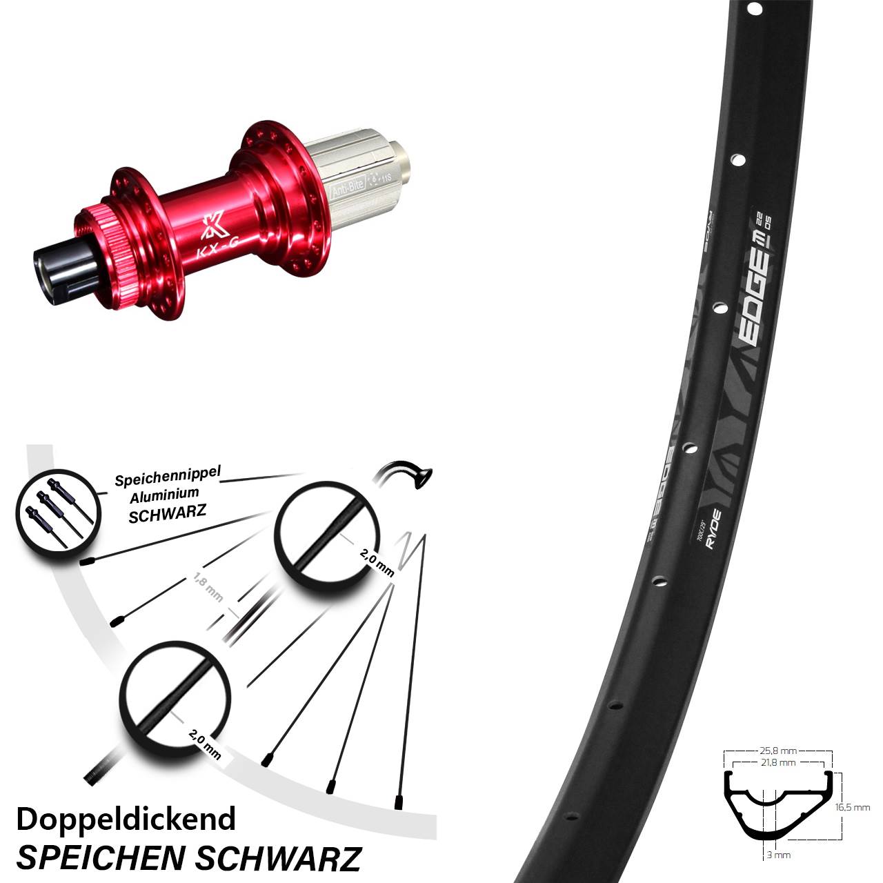 28 Zoll Hinterrad Ryde Edge M22 KX-G rot 8-12 fach 12x142