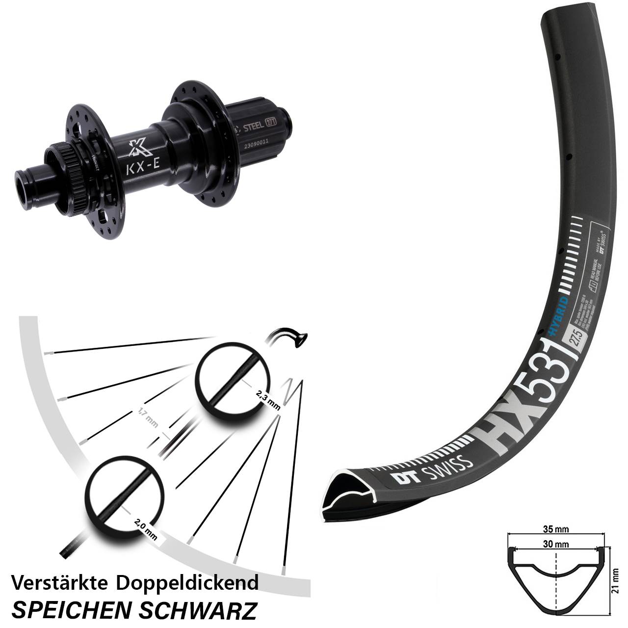 29 Zoll DT Swiss HX 531 KX-E Stahl Freilauf Boost Disc Hinterrad 12x148 8-12 fach HG