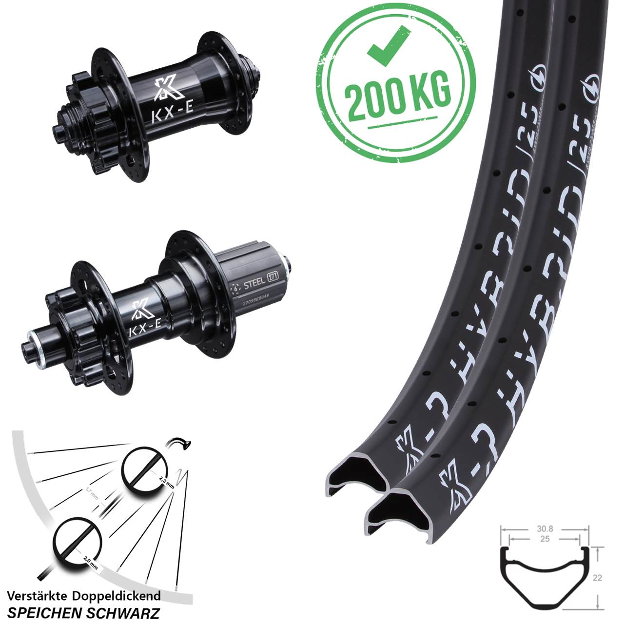 29 Zoll E-Bike Laufradsatz KX-ER Hybrid 25 Schnellspanner 6-loch Disc verstärkt 8-12 fach