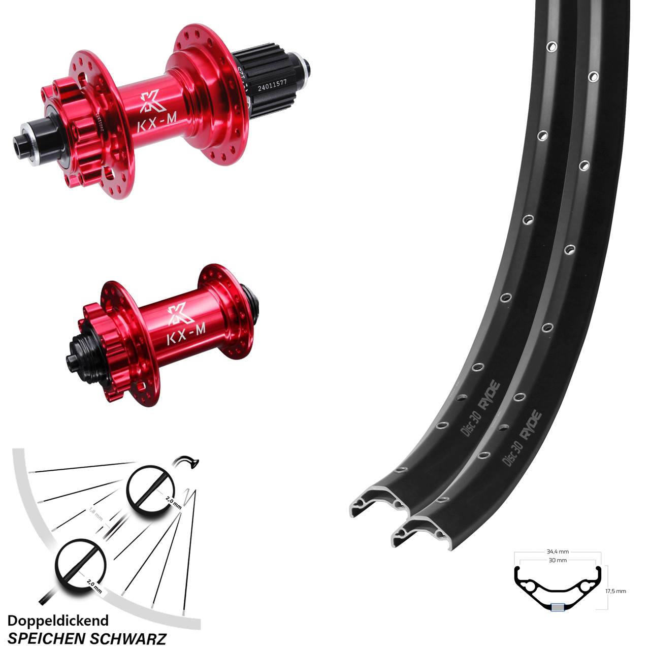 29 Zoll Ryde Disc 30 KX-M rot 6-Loch Laufradsatz QR Shimano Micro Spline