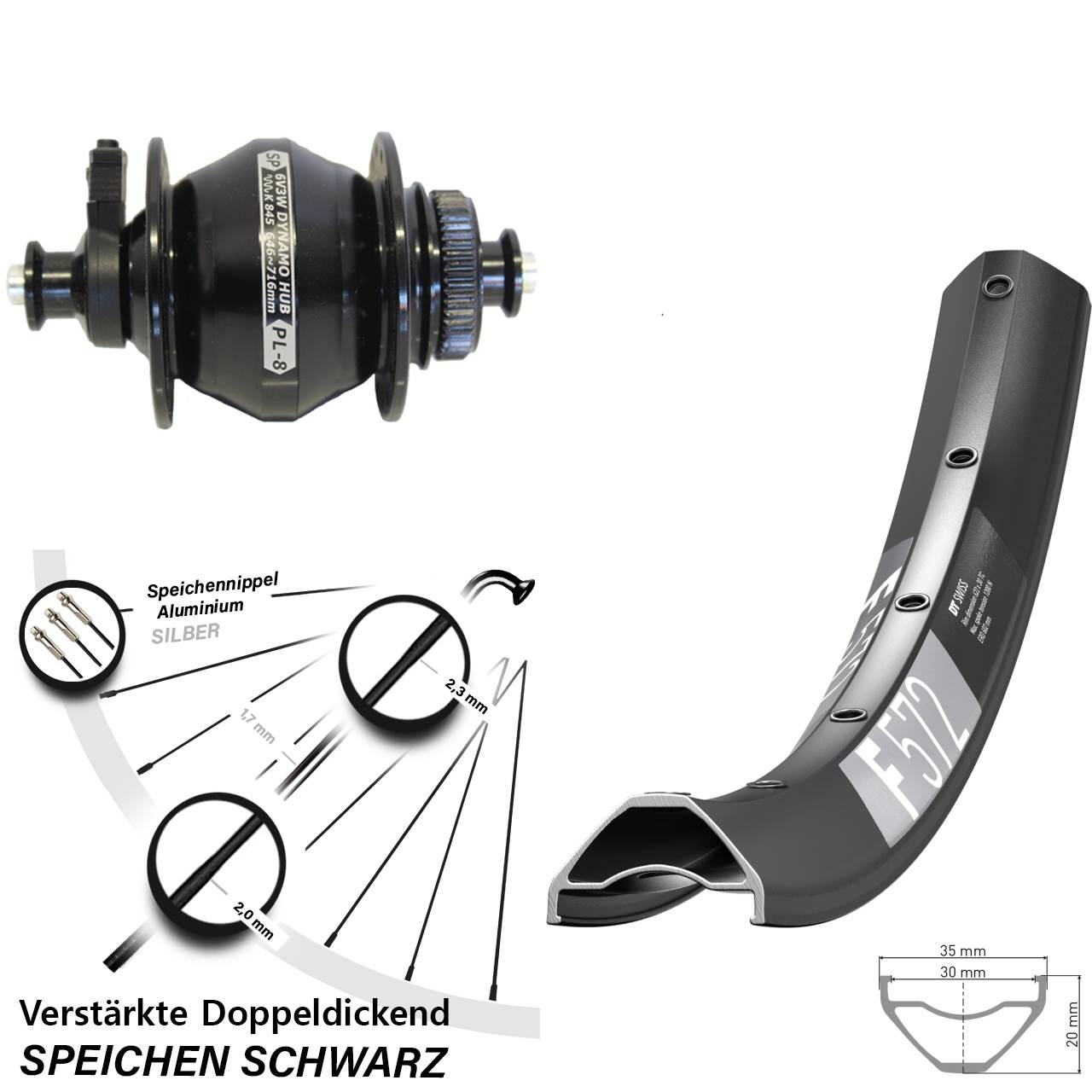 Disc Nabendynamovorderrad 27,5 Zoll DT Swiss F572 Shutter Precision PL-8 QR