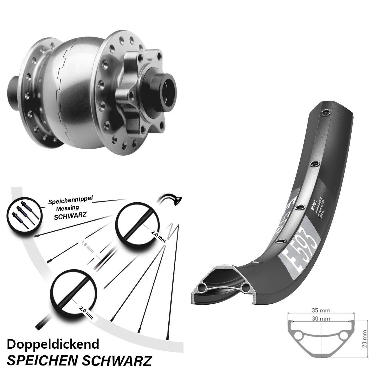 SON 28 silbern DT Swiss E 593 650B Disc Laufrad mit Nabendynamo 15x100