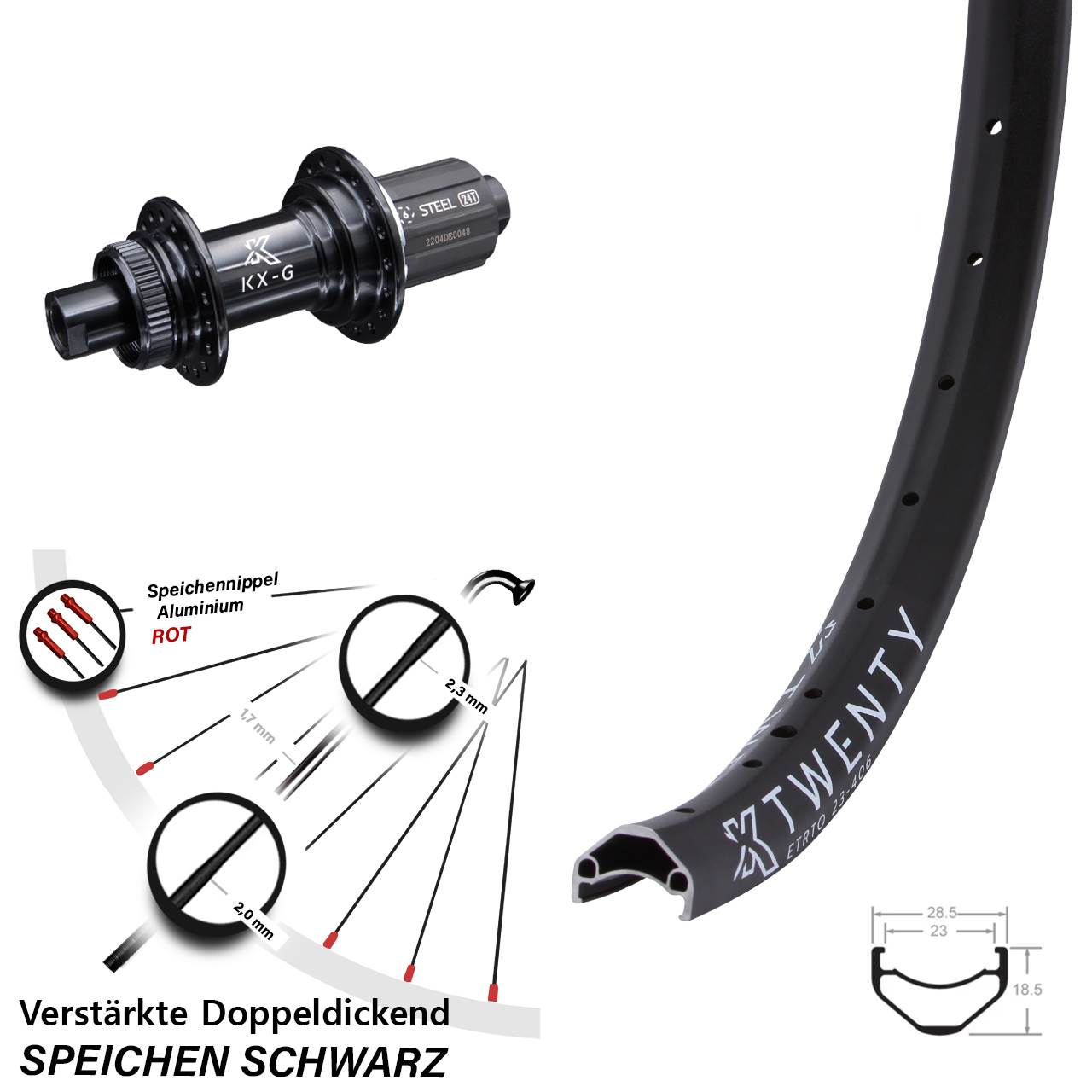 20 Zoll Hinterrad KX Twenty Steckachse 12x142 mm GS schwarz Centerlock verstärkt 8-12 fach