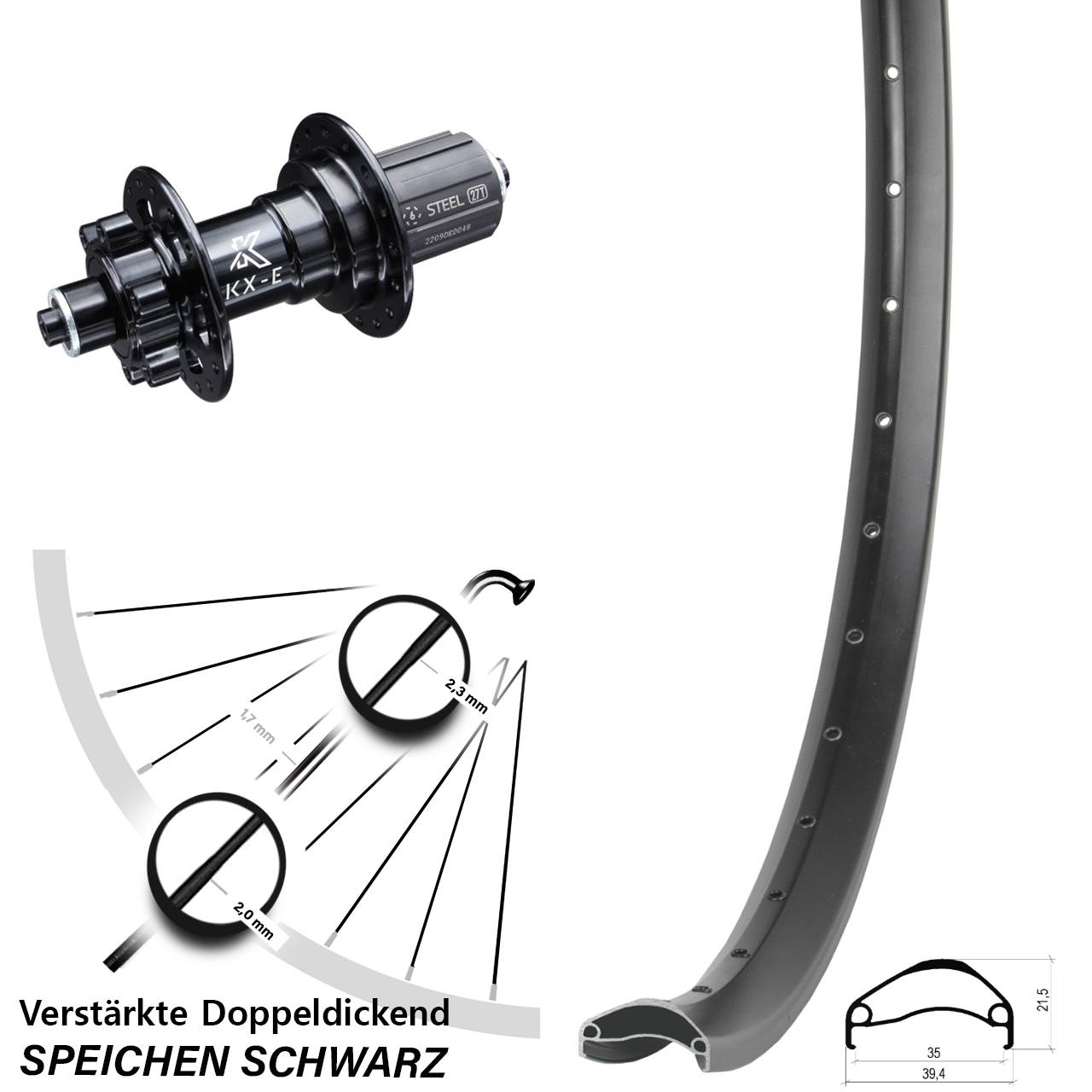 27,5 Zoll Ambrosio E35 KX-E 6-Loch Hinterrad QR 8-12 fach HG