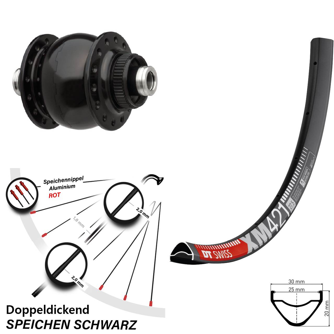 Centerlock Dynamo-Vorderrad 12x100 650B DT Swiss XM421 SON 28