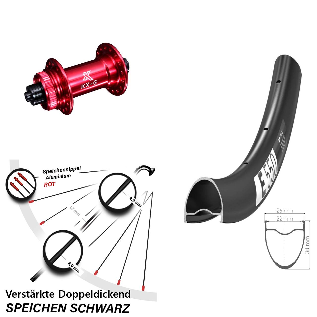 DT Swiss E550 KX-G rot 28 Zoll Vorderrad Centerlock QR