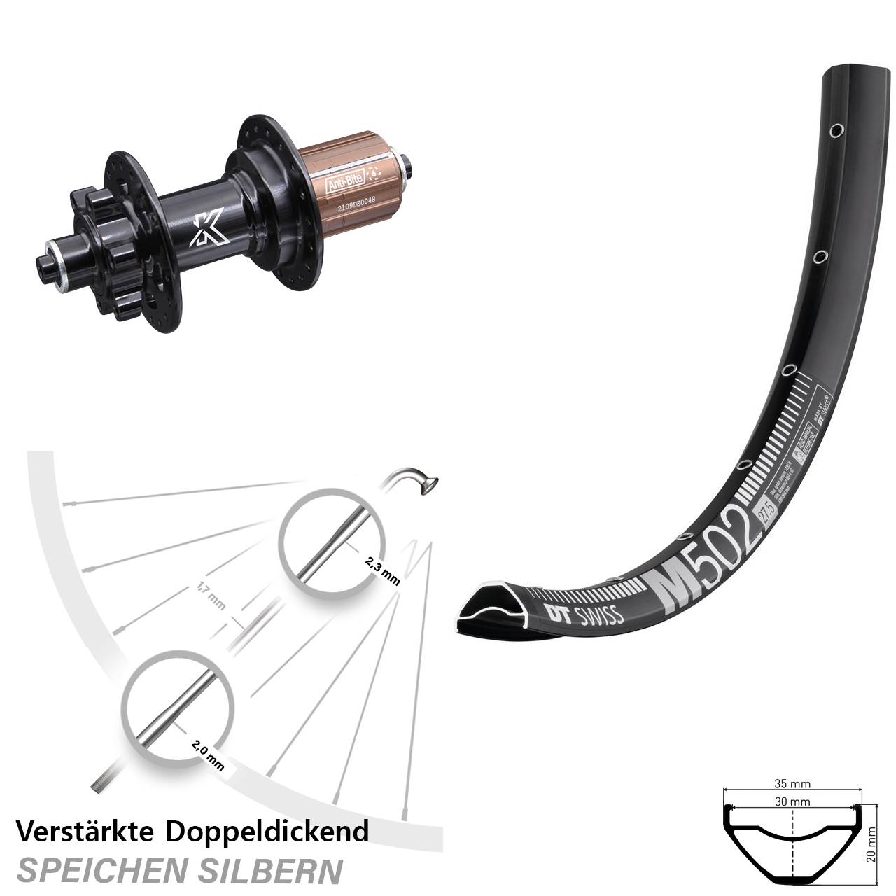 6-Loch Hinterrad für Schnellspanner 29 Zoll DT Swiss M502 KX-M 8-12 fach