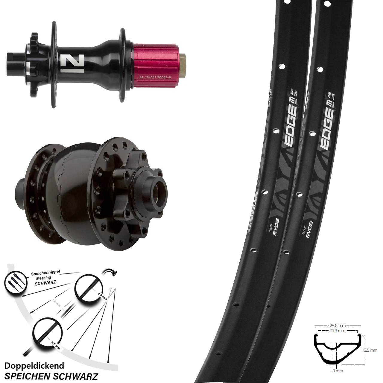 Laufradsatz Ryde Edge M22 Dynamo SON 28-15 Novatec D 792 Steckachse 11-fach 29 Zoll