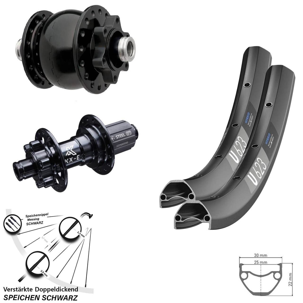 Laufradsatz DT Swiss U623 6-Loch 12x100/142 schwarz SON 28 Zoll Dynamo KX-E 8-12 fach