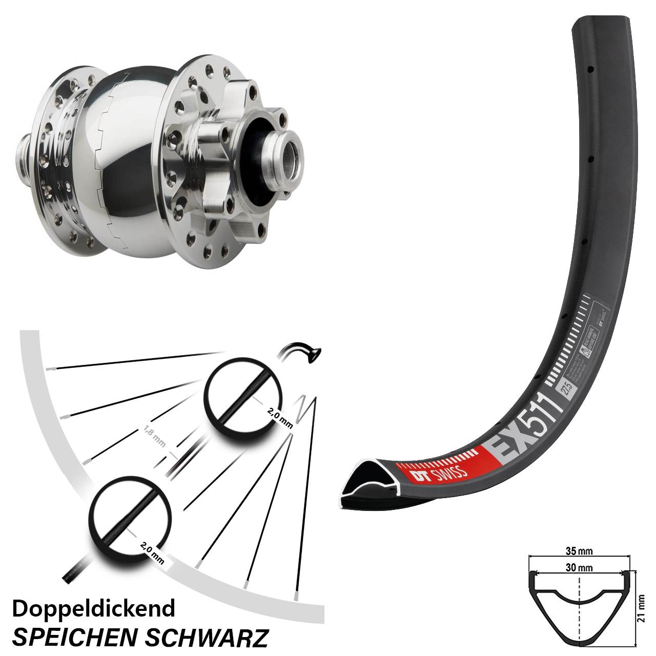 Nabendynamovorderrad 6-Loch 12x100 27,5 Zoll DT Swiss EX 511 SON 28