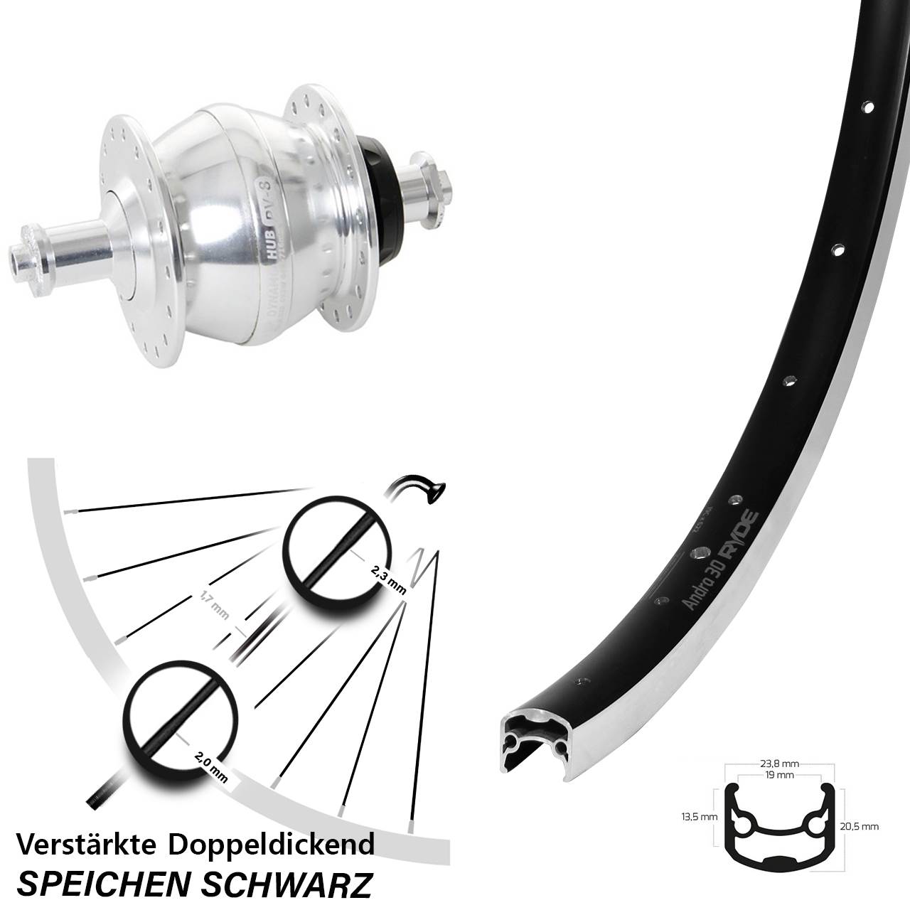 26 Zoll Ryde Andra 30 Shutter Precision PV-8 Nabendynamovorderrad für Schnellspanner