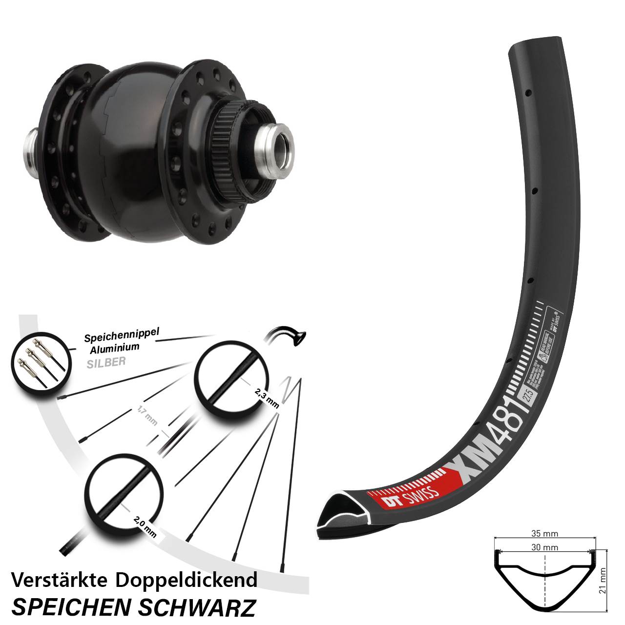 Disc Vorderrad mit Nabendynamo 12x100 27,5 Zoll DT Swiss XM481 SON 28