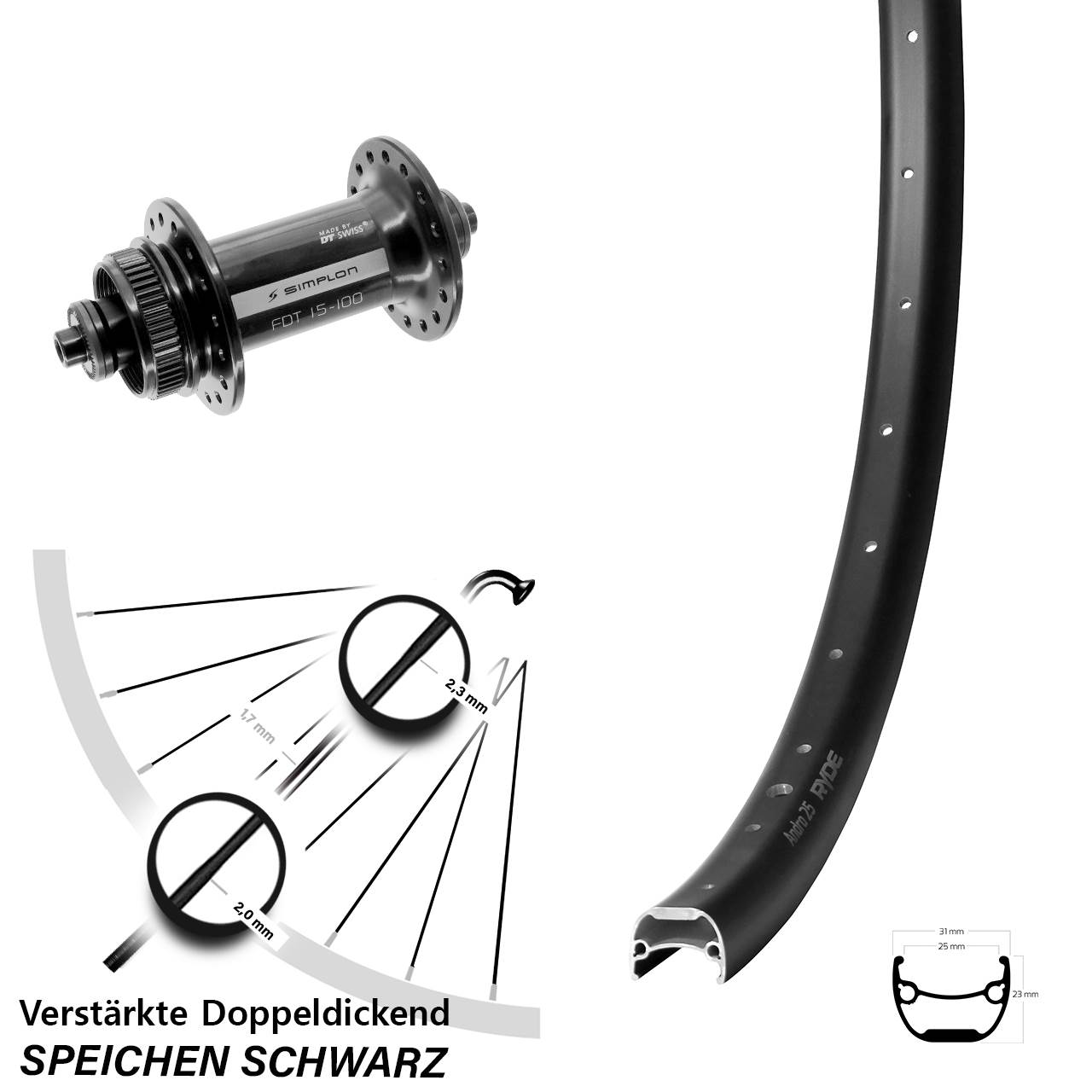 28-29 Zoll Ryde Andra 25 DT Swiss 370 Vorderrad Centerlock für Schnellspanner
