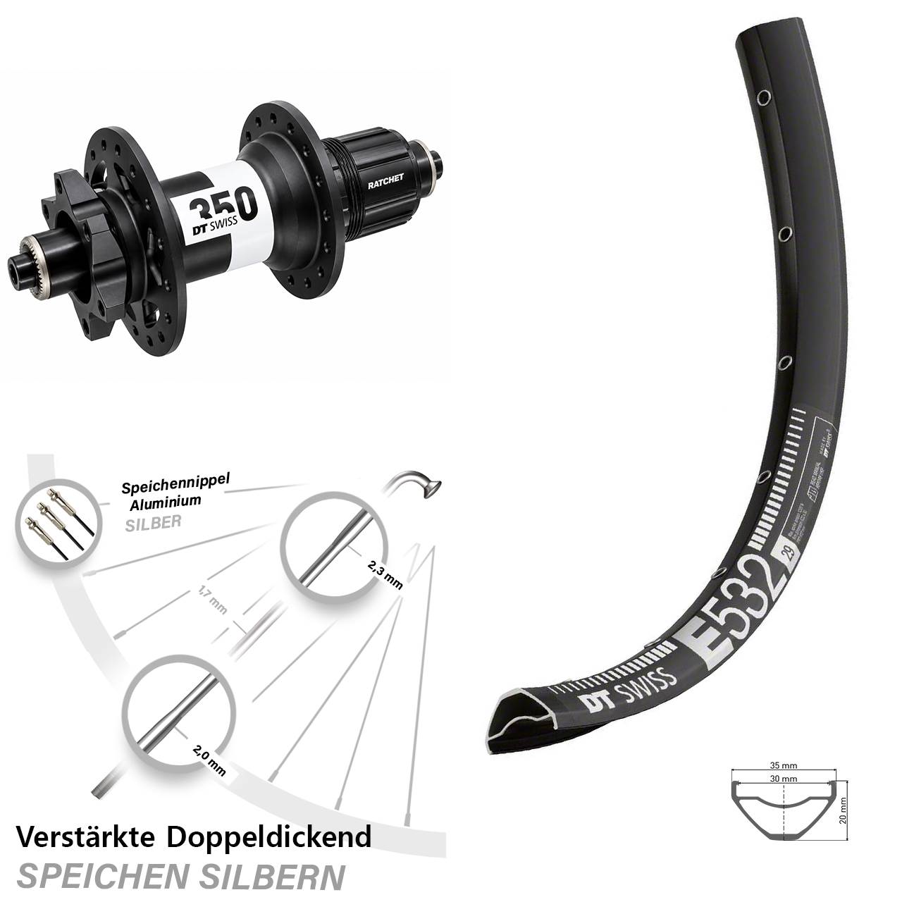 DT Swiss E532-350 29 Zoll 6-Loch Hinterrad für Schnellspanner XD