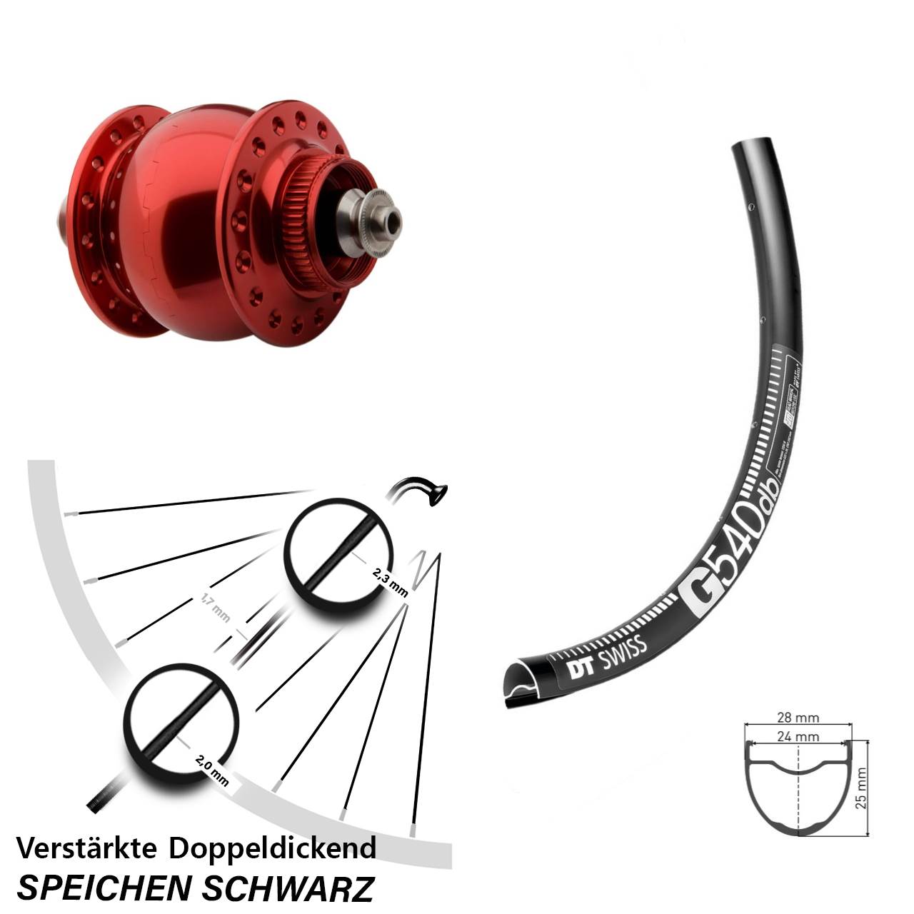 Disc Nabendynamovorderrad 27,5 Zoll DT Swiss G540 SON delux rot QR