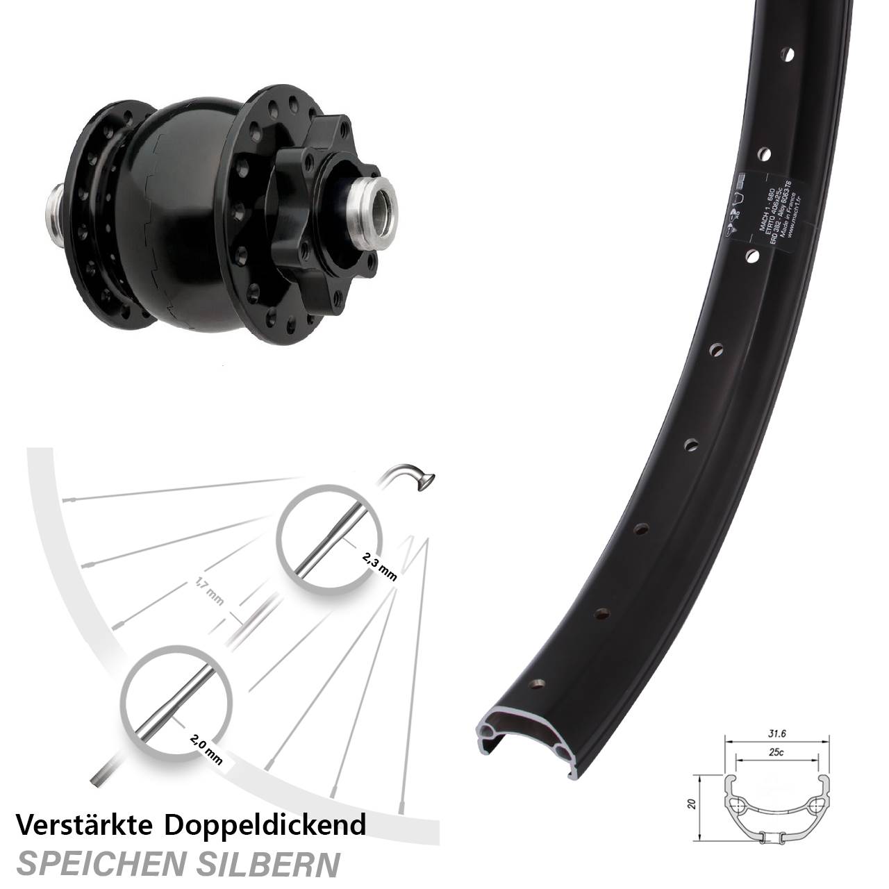 Disc Dynamo-Vorderrad 12x100 20 Zoll Mach1 Kargo SON 28