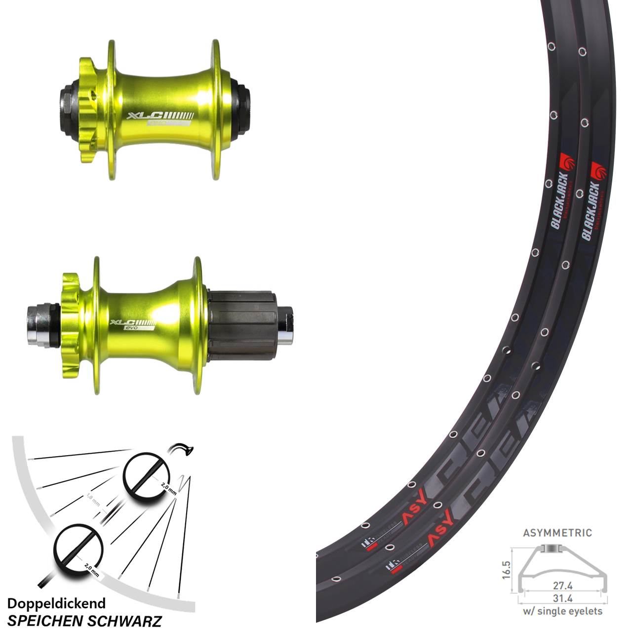 27,5 Zoll Rodi Ready 27 Laufradsatz XLC Evo grün eloxiert Shimano 11-fach 6-loch Disc