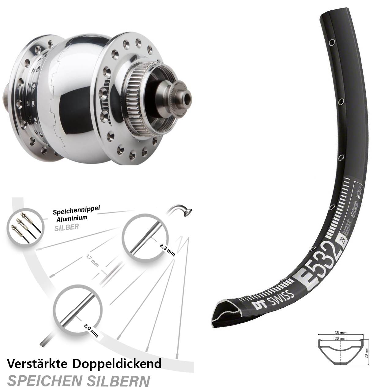 29 Zoll DT Swiss E532 SON 28 poliert Disc Nabendynamovorderrad QR