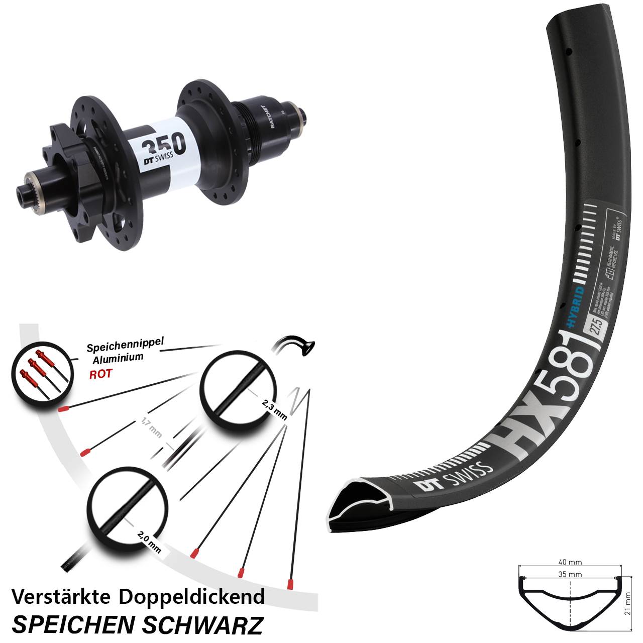 27,5 Zoll DT Swiss HX 581 350 Hinterrad 6-Loch für Schnellspanner XD 11-12 fach