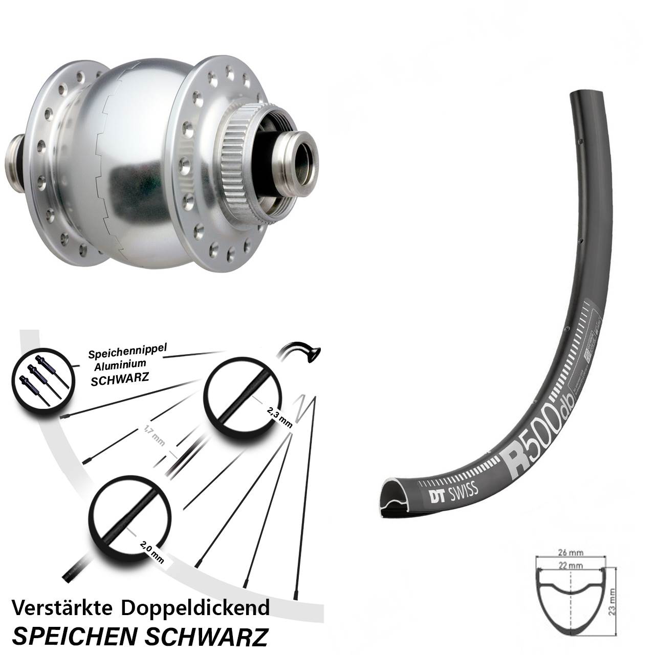 SONdelux DT Swiss R500 29 Zoll Disc Vorderrad mit Nabendynamo 12x100