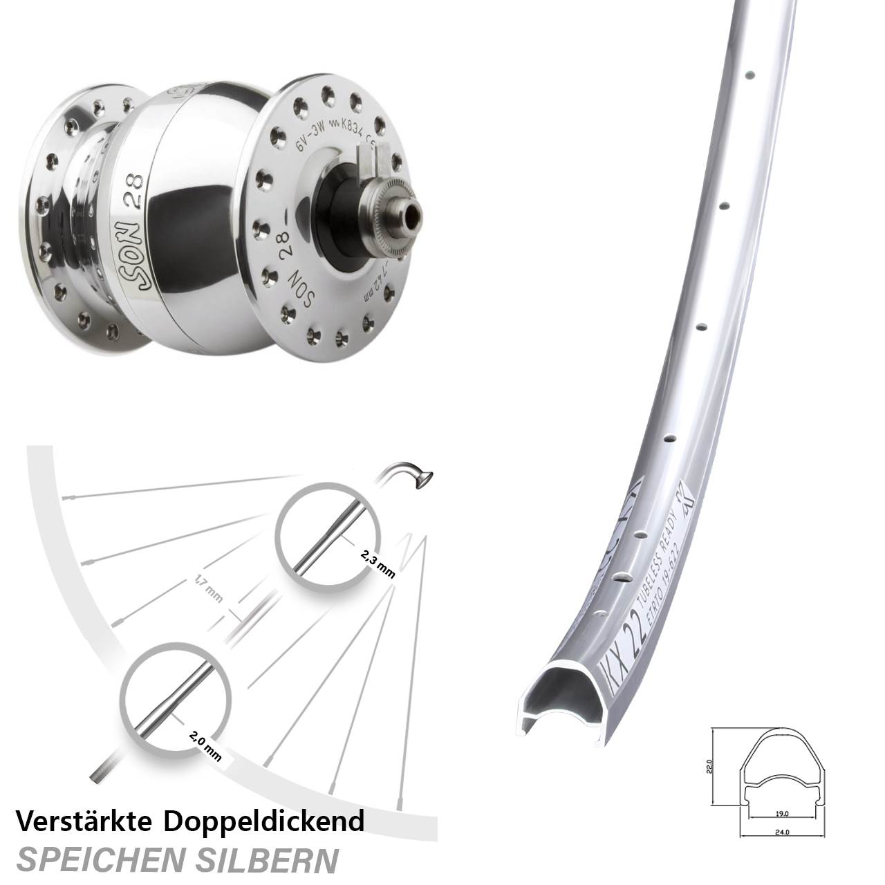 Nabendynamovorderrad QR SON 28 Zoll poliert KX 22 silbern