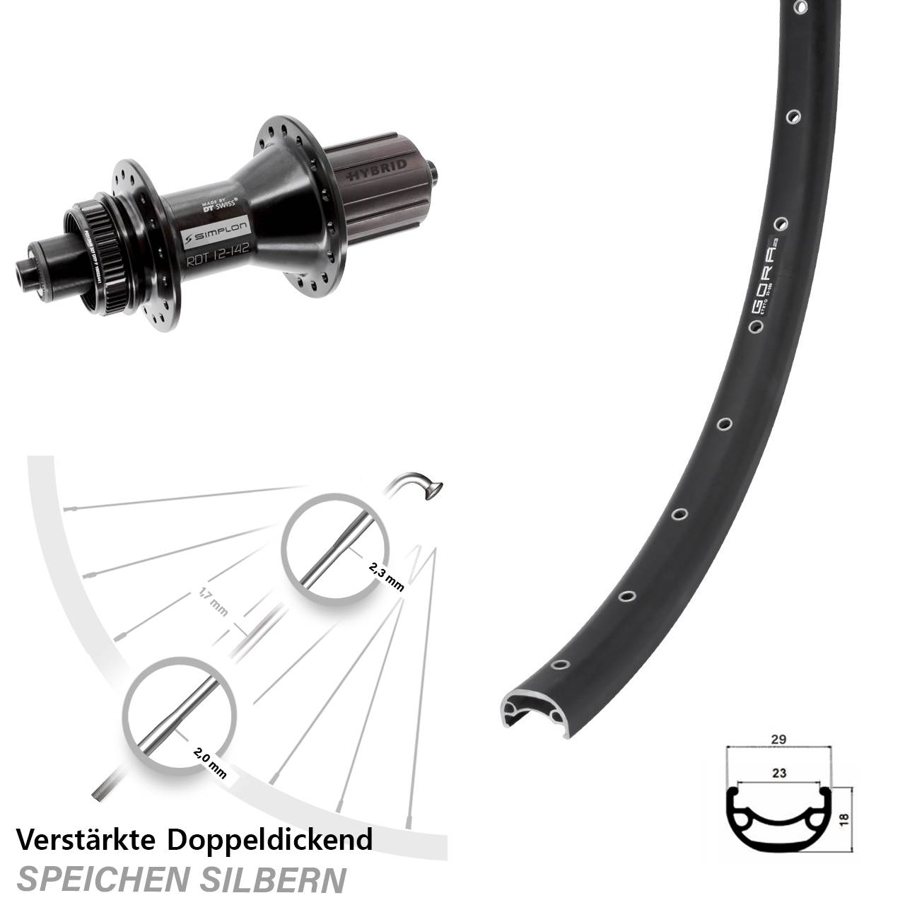 28-29 Zoll Gora 23 DT Swiss 370 Hybrid Disc Hinterrad für Schnellspanner 8-11 fach