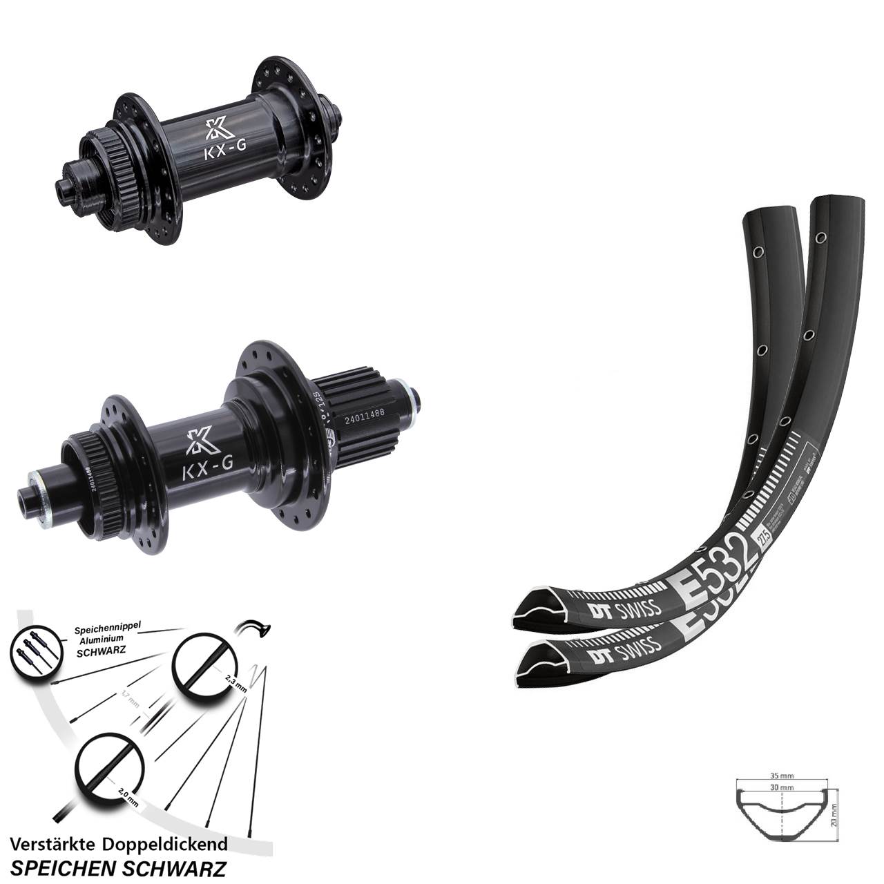 27,5 Zoll DT Swiss E 532 KX-G Disc Laufrad-Satz für Schnellspanner Micro Spline