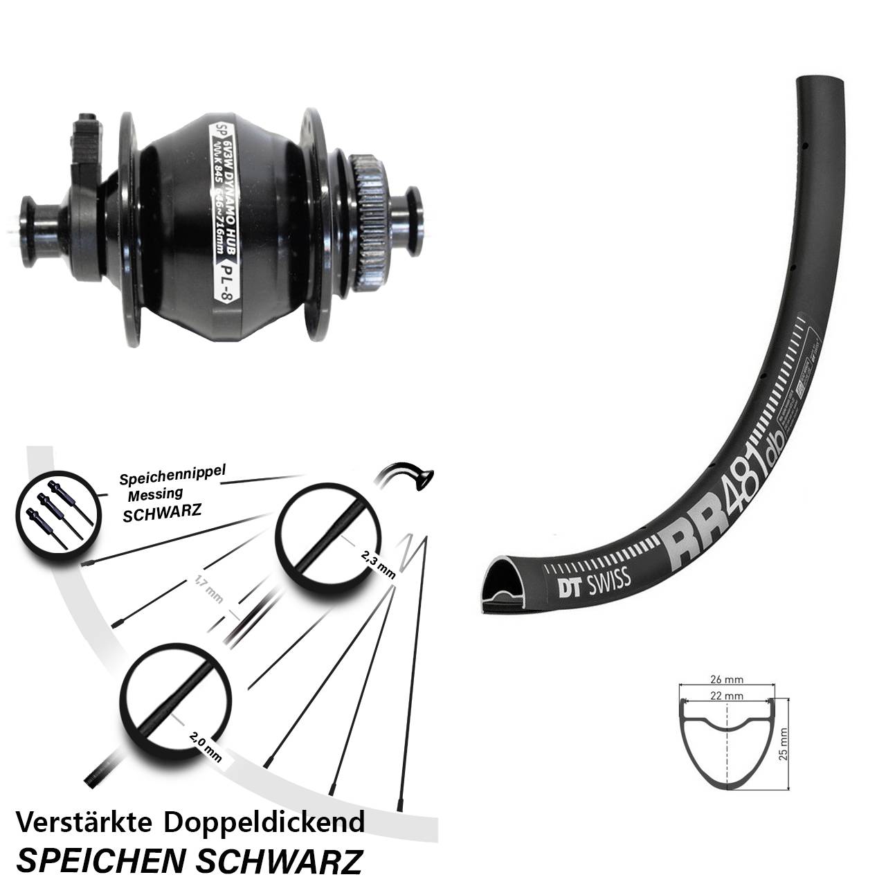 DT Swiss RR 481 Shutter PL-8 28 Zoll Nabendynamovorderrad Centerlock QR