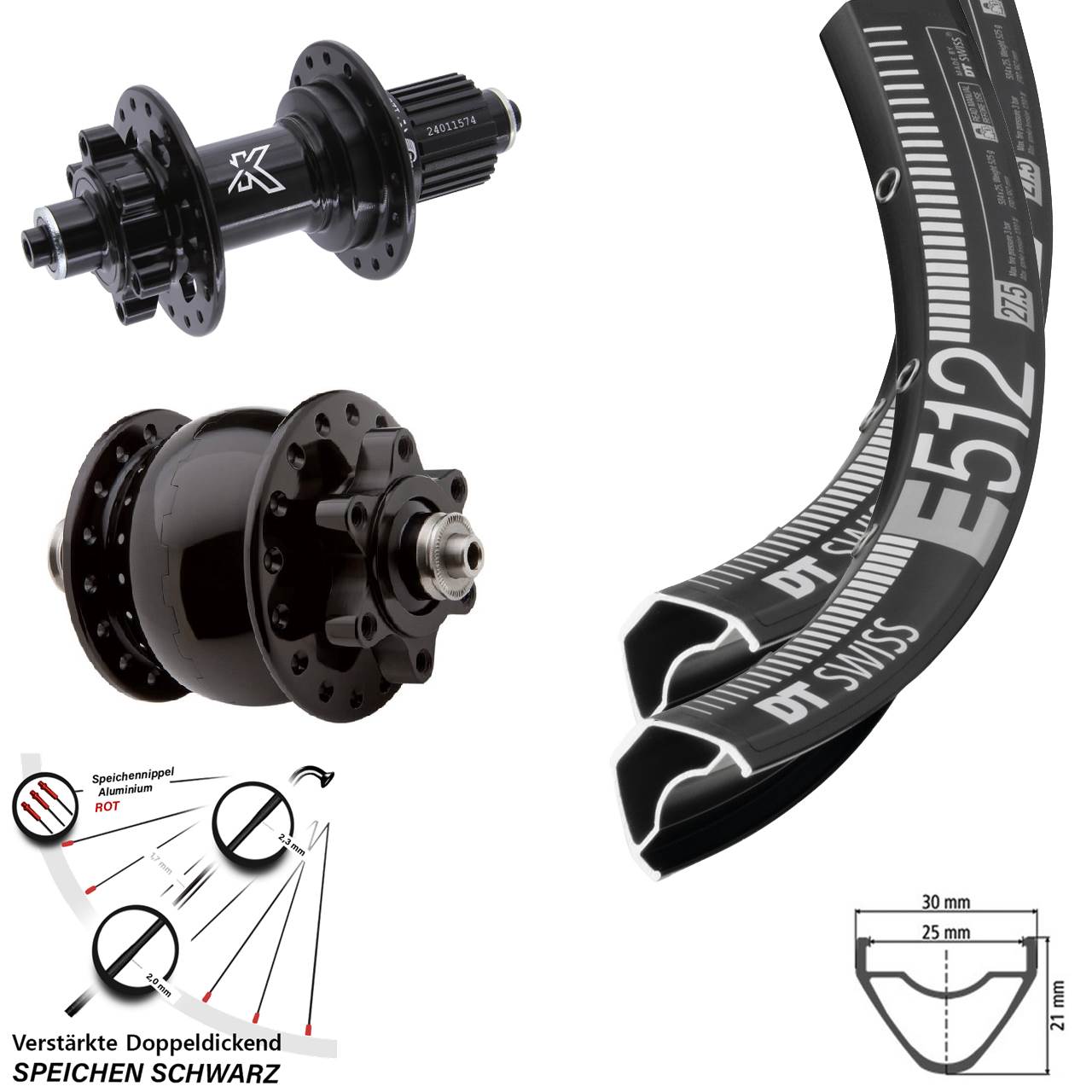 Disc Laufrad-Satz für Schnellspanner 27,5 Zoll DT Swiss E512 KX-M SON 28 Micro Spline