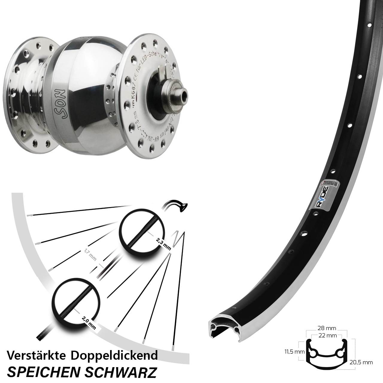 Nabendynamolaufrad 27,5 Zoll Ryde Andra 35 SONdelux wide body QR