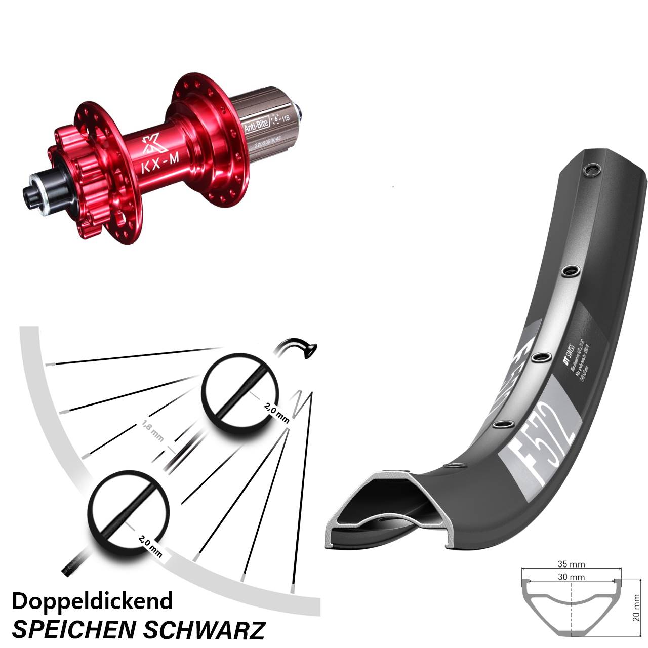Disc Hinterrad 27,5 Zoll DT Swiss F572 KX-M rot 8-12 fach für Schnellspanner