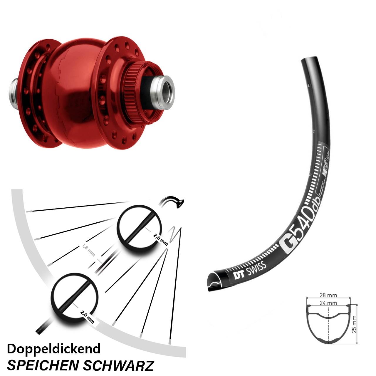Centerlock Dynamo-Vorderrad 12x100 27,5 Zoll DT Swiss G540 SON 28 rot