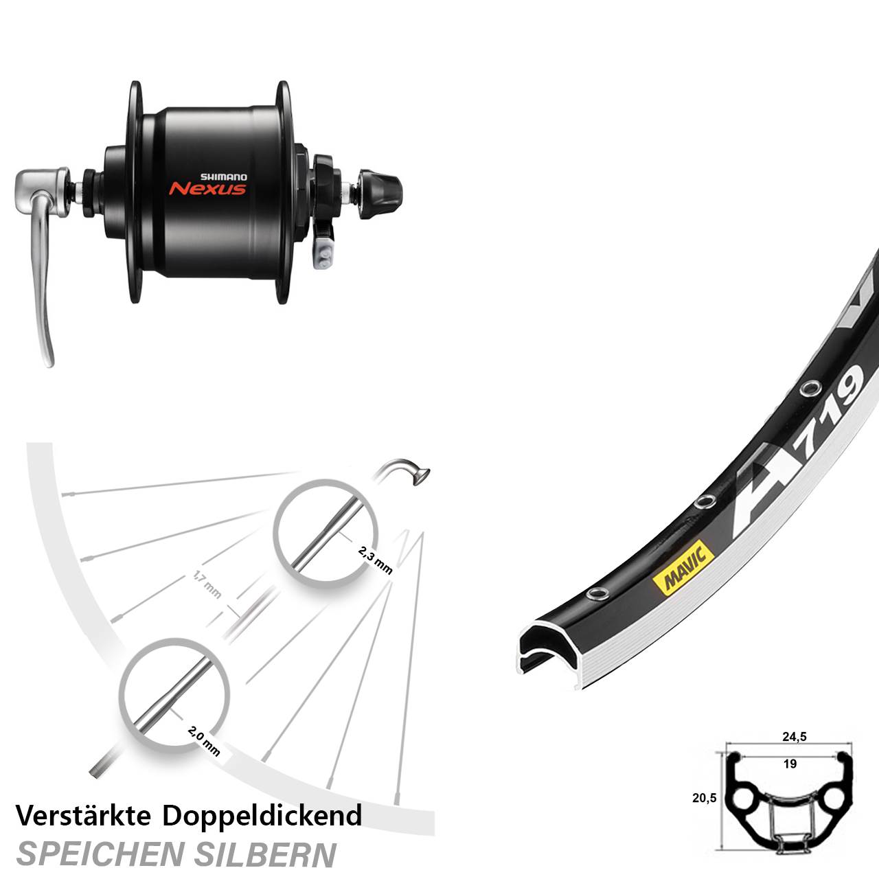 28 Zoll Mavic A719 Shimano Nexus DH-C3000-3N-QR Vorderrad mit Nabendynamo QR
